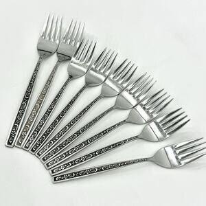 9 Miracle Maid MMA1 Embossed Daisy/Scroll Stainless Forks USA 2 Dinner & 7 Salad